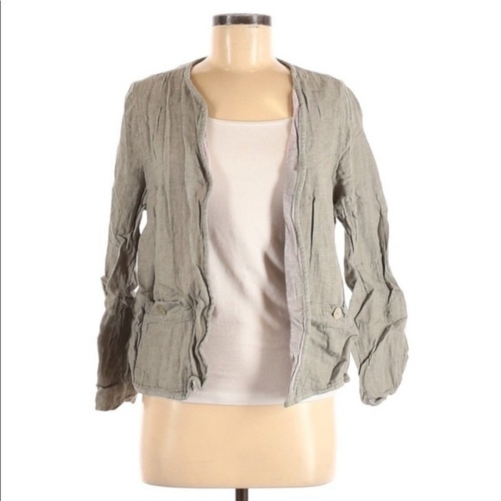 Tahari M grey linen blend lined cropped open blazer/jacket